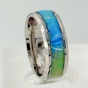 Vibrant Silver Band Ring with Blue and Green SIZE 9 #012